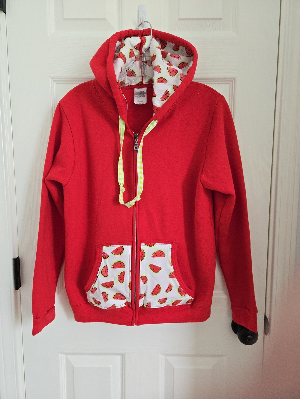 Upcycled Like New Gildan Red Medium Zip Hoodie with Watermelon Pockets And Hood